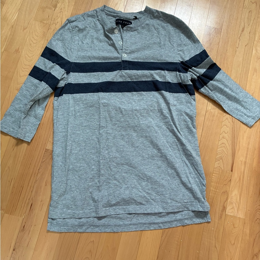 Five Four Gray Henley with Navy Horizontal Stripes